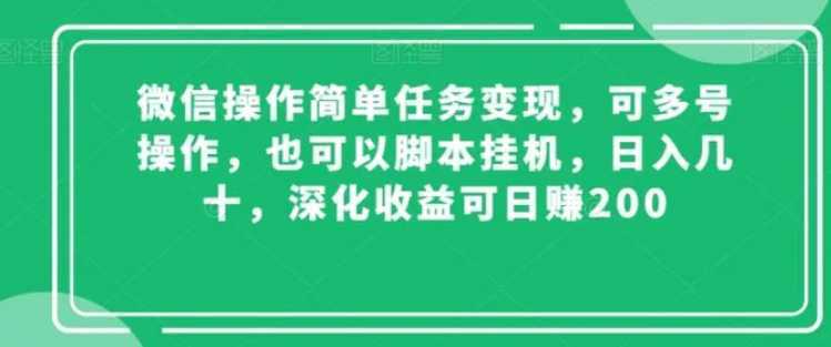 微信操作简单任务变现，可多号操作，也可以脚本挂机，日入几十，深化收益可日赚200【揭秘】