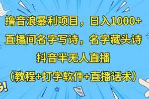 撸音浪暴利项目，日入1000+，直播间名字写诗，名字藏头诗，抖音半无人直播【揭秘】