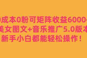 0成本0粉可矩阵月收益6000+，美女图文+音乐推广5.0版本，新手小白都能轻松操作！