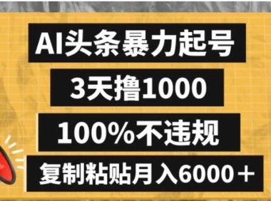 AI头条暴力起号，3天撸1000,100%不违规，复制粘贴月入6000＋