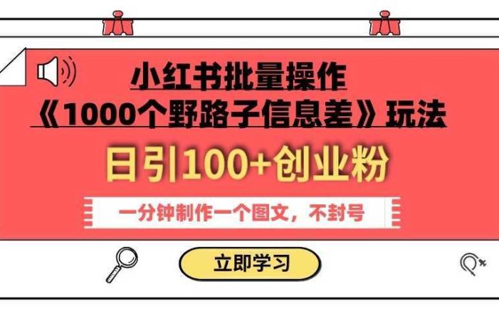 小红书批量操作《1000个野路子信息差》玩法，一分钟制作一个图文，不封号，日引100+创业粉