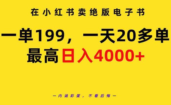 在小红书卖绝版电子书，一单199 一天最多搞20多单，最高日入4000+教程+资料