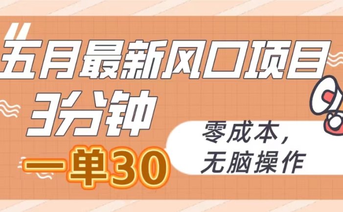 五月最新风口项目，3分钟一单30，零成本，无脑操作