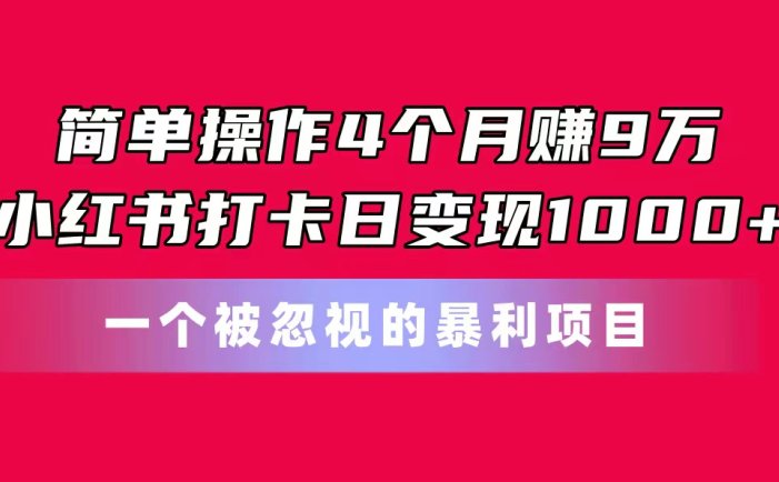 简单操作4个月赚9万！小红书打卡日变现1000+！一个被忽视的暴力项目