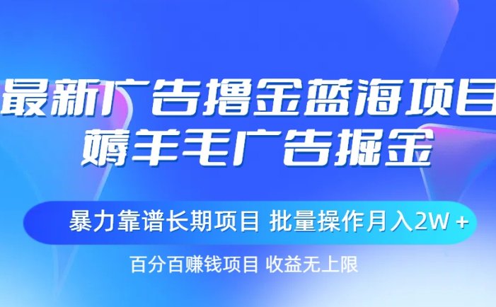 最新广告撸金蓝海项目，薅羊毛广告掘金 长期项目 批量操作月入2W＋